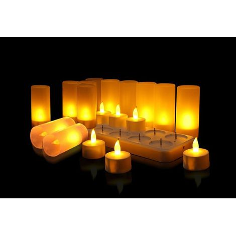 Lot de 12 bougies LED rechargeables, bougies électriques LED clignotantes avec décoration de station de charge pour Noël, anniversaire, mariage, dîner votif, restaurant, hôtel, café - bar, (jaune) (1/5)