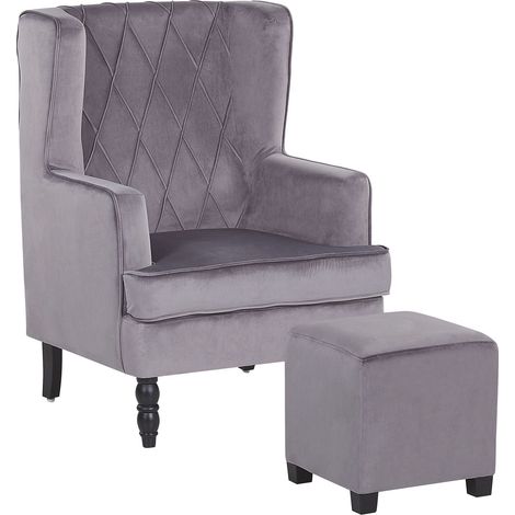Poltrona con Poggiapiedi in Velluto Grigio con Gambe in Legno Sandset (1/5)