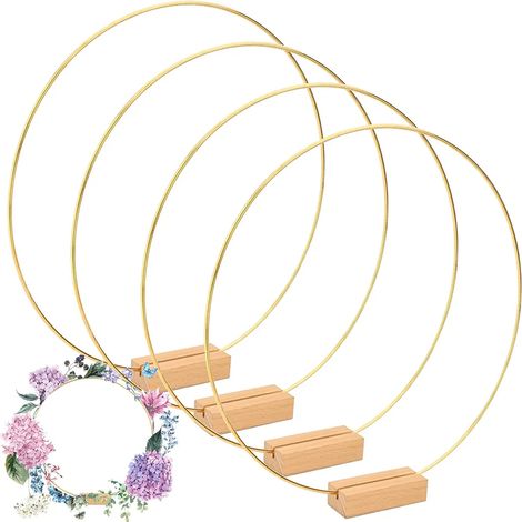 Lot de 4 anneaux métalliques dorés 30cm pour mariage, cercles en métal pour macramé et bricolage, avec 4 supports en bois pour cartes, déco de table DIY, couronne de Noël et ornement festif (1/5)