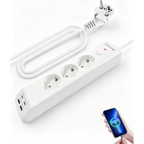 Multiprise 4 USB Multiple Prise Murale 3 Prises avec Interrupteur USB C Prise Multiple Parasurtenseur Prise Parasurtenseur Prise de Distribution Prise 1,8M Câble (Blanc) (1/5)