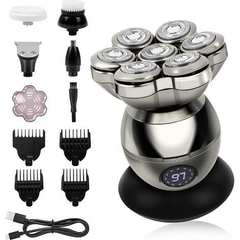 5 en 1 Rasoir Tete Chauve Homme, 7D Rasoir Électrique, Équipé de 7 Têtes de Coupe Flottantes, Type-C Tondeuse Crane Chauve Sans Fil, Sec Étanche IPX6, pour Hommes Chauves Avec Écran LED, A (1/5)
