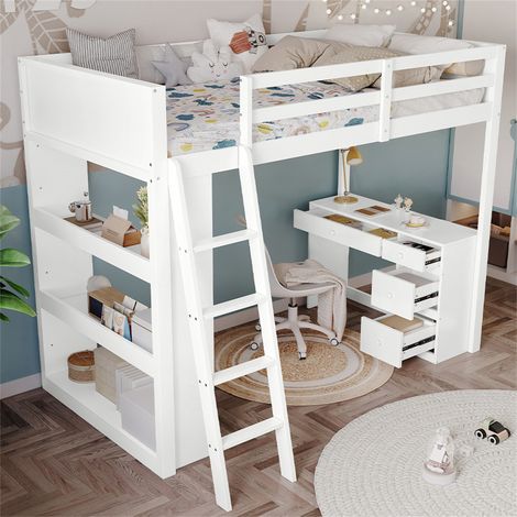 Bunk Bed, Teenage Bed, 4-step Ladder, Desk with 4 Drawers, 3 Rows of Shelves under the Lower Bunk, Multi-Drawer Design, Study Space, White, 3FT,90x190cm (1/5)