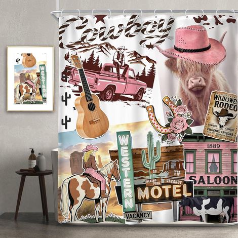 Rideau de douche vache western 152,4 x 183 cm (l x H) Imprimé vache des Highlands cowgirl ferme boho Ensemble de salle de bain Cowboy rose rustique Animaux campagne faune nature (1/5)