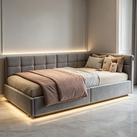 Canapé lit 90×200 cm – LED suspendu – USB – rangement – velours crème – gain de place (1/5)