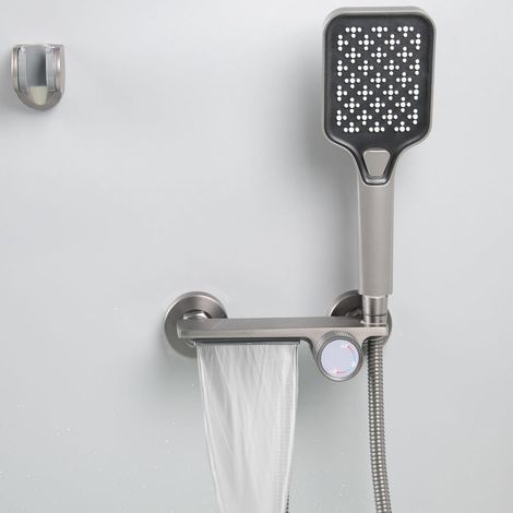 Robinet de Baignoire Cascade, Mitigeur Baignoire avec Douchette, Mitigeur Bain Douche Mural, Laiton, Gris, 12Y7OK (1/5)