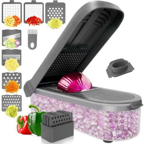 Affettatrice e mandolina multifunzione 7 in 1 per verdure, 27 x 11,6 x 6,8 cm. Affettatrice, grattugia e affettatrice per cipolle, pomodori, lattuga, patate e altro ancora. (1/2)