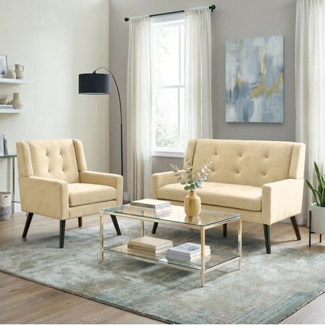Juego de 2 sillones tapizados, asiento acolchado de espuma de alta densidad, tejido suave, patas de madera, beige (1/5)