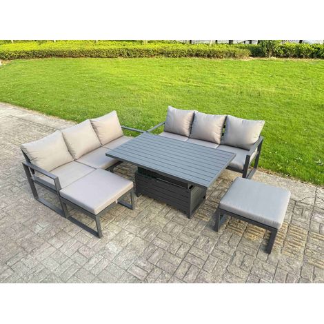 Fimous 5 Pieces Garden Furniture Set Aluminium Adjustable Rising Lifting Dining Table and Sofa Set with 2 Small Footstools Dark Grey (1/5)