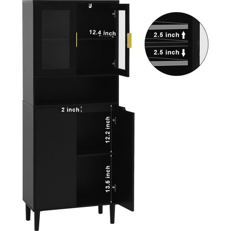 Bibliothèque haute avec porte en verre trempé et étagère réglable, 4 portes, meuble en MDF laqué, noir, rangement pour salon et chambre (1/5)