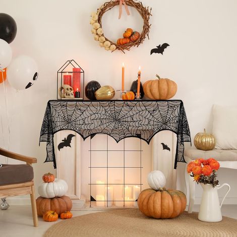 Chemin de Cheminée Halloween Noir en Dentelle, Décoration Toile d'Araignée pour Manteau de Cheminée, Table et Fête (1/5)