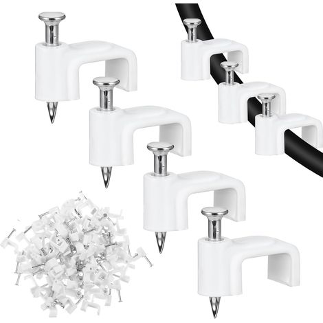 Lot de 100 serre-câbles plats avec clou en acier de 10 mm - Support de câble mural - Blanc (1/5)