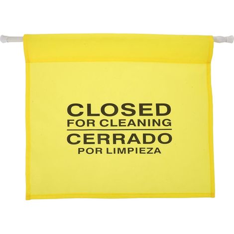 Panneau de sécurité bilingue jaune en plastique pour les toilettes, avec barrière suspendue, (1/5)