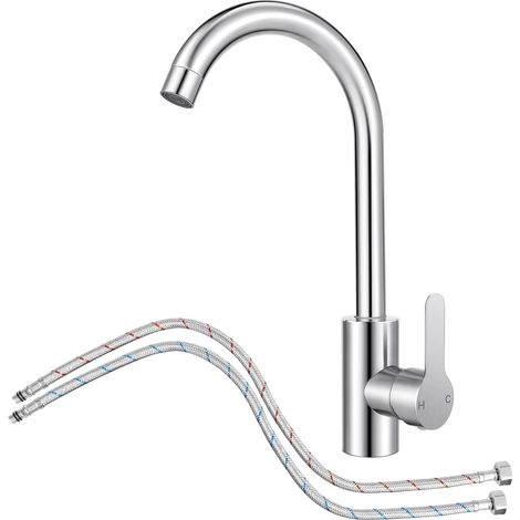 Mitigeur Cuisine avec Tuyau Flexible G3/8 x M10,Robinet Cuisine en Acier Inox avec Bec Pivotant à 360° Monocommande,Robinet Evier de Cuisine d'Arc à Sortie d'Eau Haute (1/5)