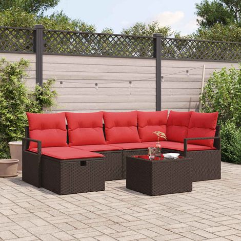 Sofa Set mit Kissen 7 pcs Braun und Rot Poly-Rattan (1/5)