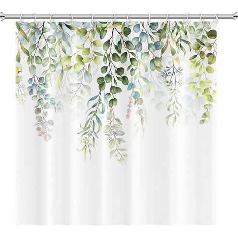 Rideau Douche Feuilles Vert, Rideau de Douche Eucalyptus Rideau Salle de Bain Anti Moisissure Imperméable Tissu Polyester Lavable Opaque Rideaux Douche avec Crochets pour Baignoire 180x180cm (1/5)