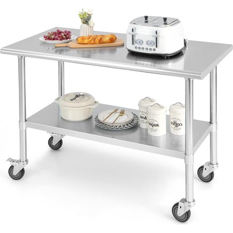 Goplus – Desserte de cuisine en acier inoxydable 122x61x90cm – Étagère réglable – 4 roues rotatives avec freins – Capacité 150kg (1/5)