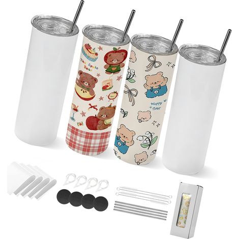 Mophorn Sublimationsbecher 4er-Set (591 mL), Edelstahl-Tumblers mit Deckeln & Strohhalmen, Doppelwandige Isolierbecher für DIY-Geschenke und individuelle Gestaltung