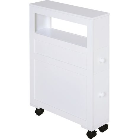Meuble salle de bain blanc 16x52x71,5cm sur roulettes étagère ouverte 2 tiroirs rangement WC
