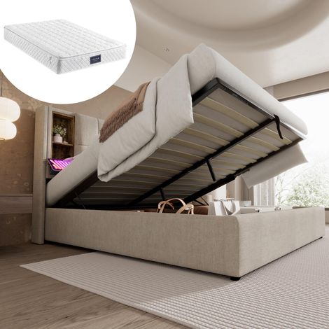 Lit double avec chargement sans fil USB-C, cadre de lit rembourré 140x200cm, cadre de lit avec espace de rangement, sommier à lattes en bois - lin naturel (avec matelas) (1/5)