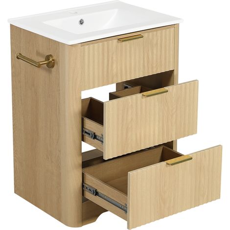 Mueble de baño freestanding de 61 cm en madera natural con lavabo cerámico y 2 cajones (1/5)