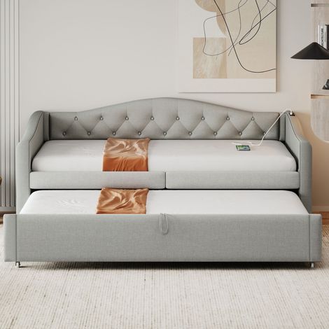 Lit banquette extensible 90 x 200cm avec port usb, sommier à lattes et design capitonné en lin gris (1/5)