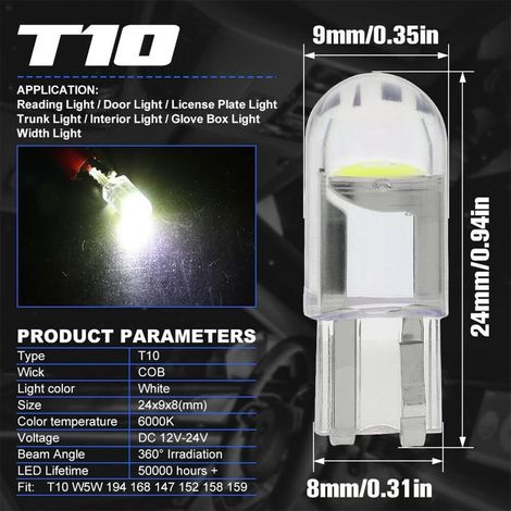 SIGANDG10 Pieces T10 W5W LED 194 Ampoule voiture 12V 6000k(Blanc)COB Ampoule de Remplacement,168 Ampoule LED,2825 T10 Ampoule LED W5W,LED Interior Car Lights,Ampoule W5W LED,Ampoules LED Pour Voiture (1/4)