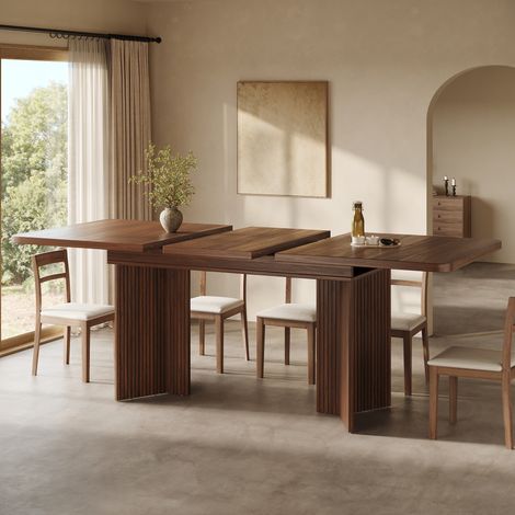 Table à manger extensible 120-160x80 cm avec plateau allongeable, pieds en V rainurés, structure stable MDF marron (1/5)