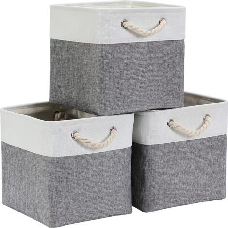 Panier de rangement - Lin de haute qualité - Forme cubique pliable - Idéal pour ranger vêtements et jouets - Multifonctionnel - Blanc cassé - 33 x 33 x 33 cm - Lot de trois (1/5)