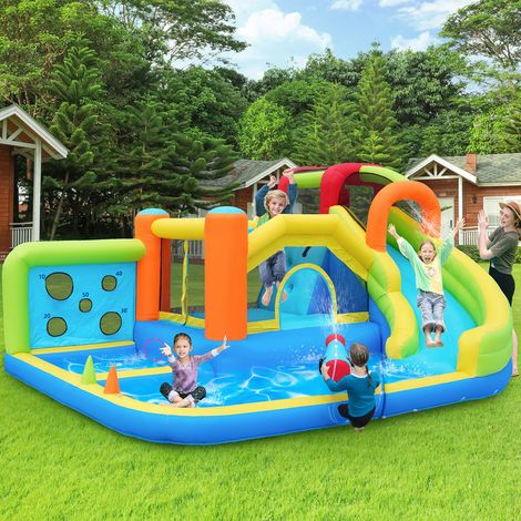 [Du plaisir toute l'année] Château gonflable avec souffleur, parc aquatique multifonctionnel + parc de trampolines pour enfants, toboggan aquatique, mur cible, panier de basket, mur d'escalade, souffl (1/5)