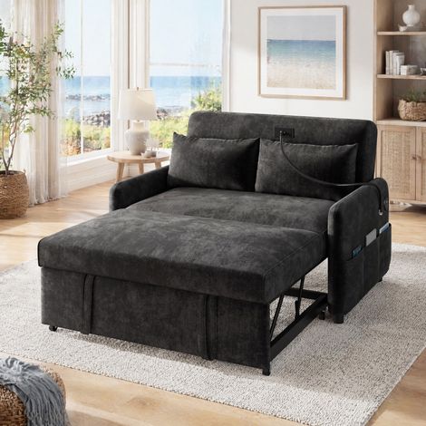 Canapé-lit 2 places gris 129x76x81 cm, dossier réglable, USB et range-côtés, chenille MEUBLIV (1/5)
