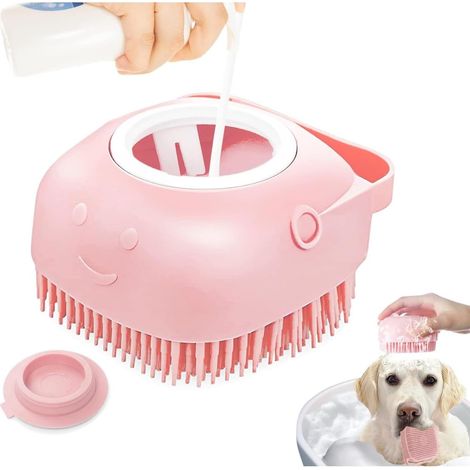 Brosse en silicone souple pour chiens et chats - Distributeur de shampoing intégré - Massage doux et soin du pelage pour poils courts et longs (ROSE) (1/5)