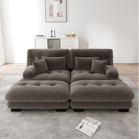 Divano modulare angolare marrone in chenille con ottomani mobili, cuscini lombari e design cloud (1/5)
