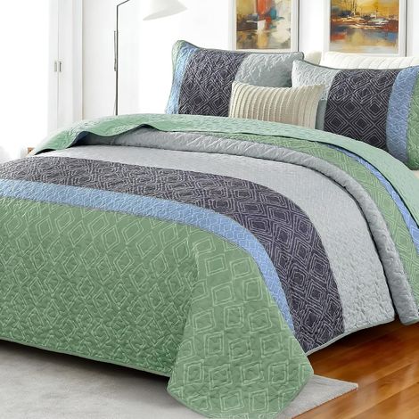 Parure de Couvre-lit Gris Vert Taille Super King, Couvre-lit Rayé à Carreaux en Microfibre Douce avec 2 Taies d'oreiller (220 × 240 cm) (1/5)