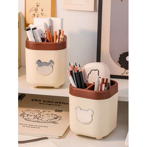 Lot de 2 boîtes de rangement en plastique en forme d'oursons mignons pour stylos, organiseur de bureau grande capacité, couleur crème-marron (1/5)