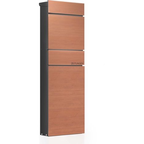 Wiltec Standbriefkasten mit Zeitungsrolle in Holzoptik 395 x 142 x 1150 mm aus Stahl, Briefkasten mit Zeitungsfach, Postkasten mit 2 Schlüssel