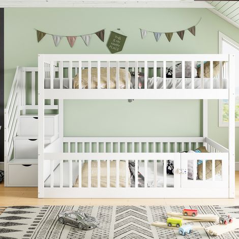 Lit superposé enfant, en bois, avec tiroirs, blanc, pour chambre enfant, adolescents, cadre stable, confort chambre, format pratique