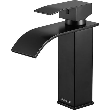 Mitigeur salle de bain noir – Robinet lavabo haut, cascade, inox, eau chaude/froide, design élégant (1/5)