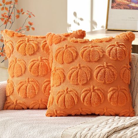 Funda de cojín con diseño de calabaza para otoño, juego de 2 fundas de 45 x 45 cm para Acción de Gracias y Halloween, ideal para sofá, sala, dormitorio, jardín y hogar (1/5)