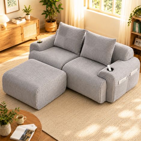 Canapé modulable velours côtelé 2 places avec poufs, combinable, porte-gobelet et poche latérale, salon, séjour, gris clair (1/5)