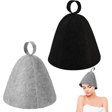 Lot de 2 pièces - Chapeau de sauna - Bonnet de sauna en feutre - Accessoires de sauna - Pour saunas, hammams et sources thermales - Pour hommes et femmes - Gris, Noir (1/5)
