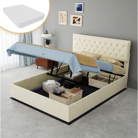 Bett modern gepolstert aus Samt Beige 140x200 cm mit hohem Kopfteil, Lattenrost und Stauraum unter dem Bett, Matratze inklusive
