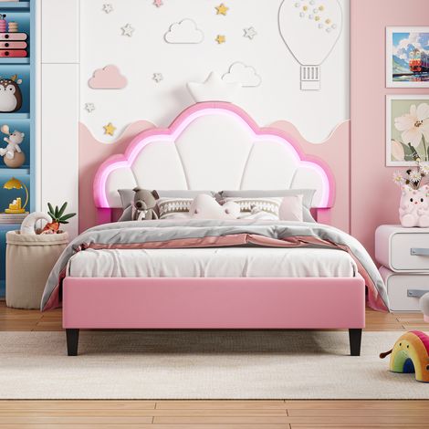Lit Enfant 140x190 cm avec LED pour Fille Adolescent- Tête de Lit Réglable en Hauteur, Sommier à Lattes, Lit Rembourré en Velours Rose-1 (sans Matelas) (1/4)