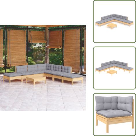 8-tlg. Garten-Lounge-Set mit Grauen Kissen Kiefernholz - Gartensessel - Lounge Set - Gartenmöbeln - Outdoor Möbel - Rattan Sessel (1/5)