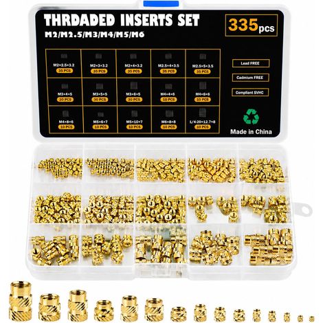 Lot de 335 inserts filetés M2 M2.5 M3 M4 M5 M6 en laiton Écrous à sertir femelle Filetage intérieur Écrous moletés avec boîte de rangement pour pièces en plastique par fusion dans des pièces (1/5)