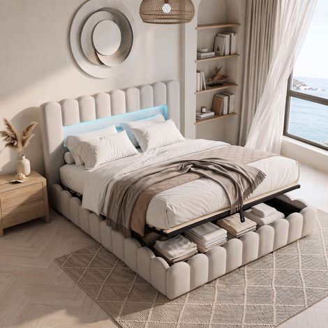 VASIEN Lit Coffre 140x200 cm,Lit Double Rembourré avec Rangement Hydraulique,Tête de Lit avec Éclairage LED et Ports USB,Sommier à Lattes,Lit Capitonne Moderne,lin Beige,Matelas Non Inclus (1/5)
