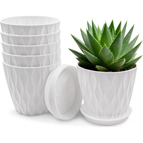 Set of 6 Small Plastic Plant Pots with Saucer and Drainage Holes for Gardens, Balcony Outdoor Indoor (White) (1/5)