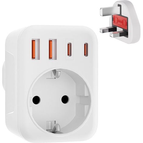 Adaptateur Prise Anglaise 3750W - Adaptateur de Voyage avec 2 USB A et 2 USB C 3.4A - pour UK, L'Irlande, Singapour, Dubai, Type G