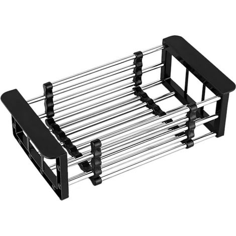 Drain Basket, Sink Drainer, Stainless Steel Telescopic Dish Drainer, Used for Washing Dishes in the Kitchen Sink, Draining Fruits and Vegetables (Black, S) (1/5)