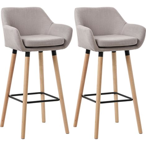 Juego de 2 taburetes de bar de diseño escandinavo, asiento de tela color topo, patas de madera, reposapiés de metal 100004173 (1/5)