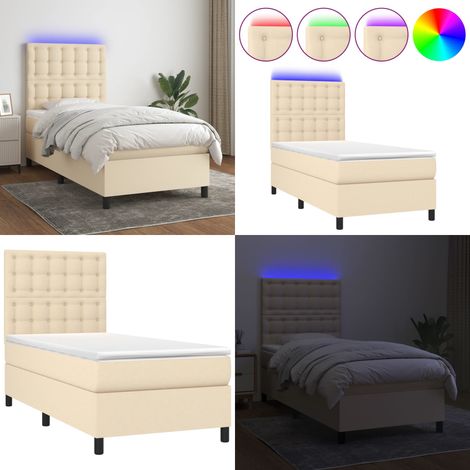 Sommier à lattes de lit et matelas et LED Crème 90x190 cm Tissu - Sommier Tapissier - Lit Plateforme - Lit Avec Led - Matelas À Ressorts Ensachés - Têtière Ajustable - Home & Living